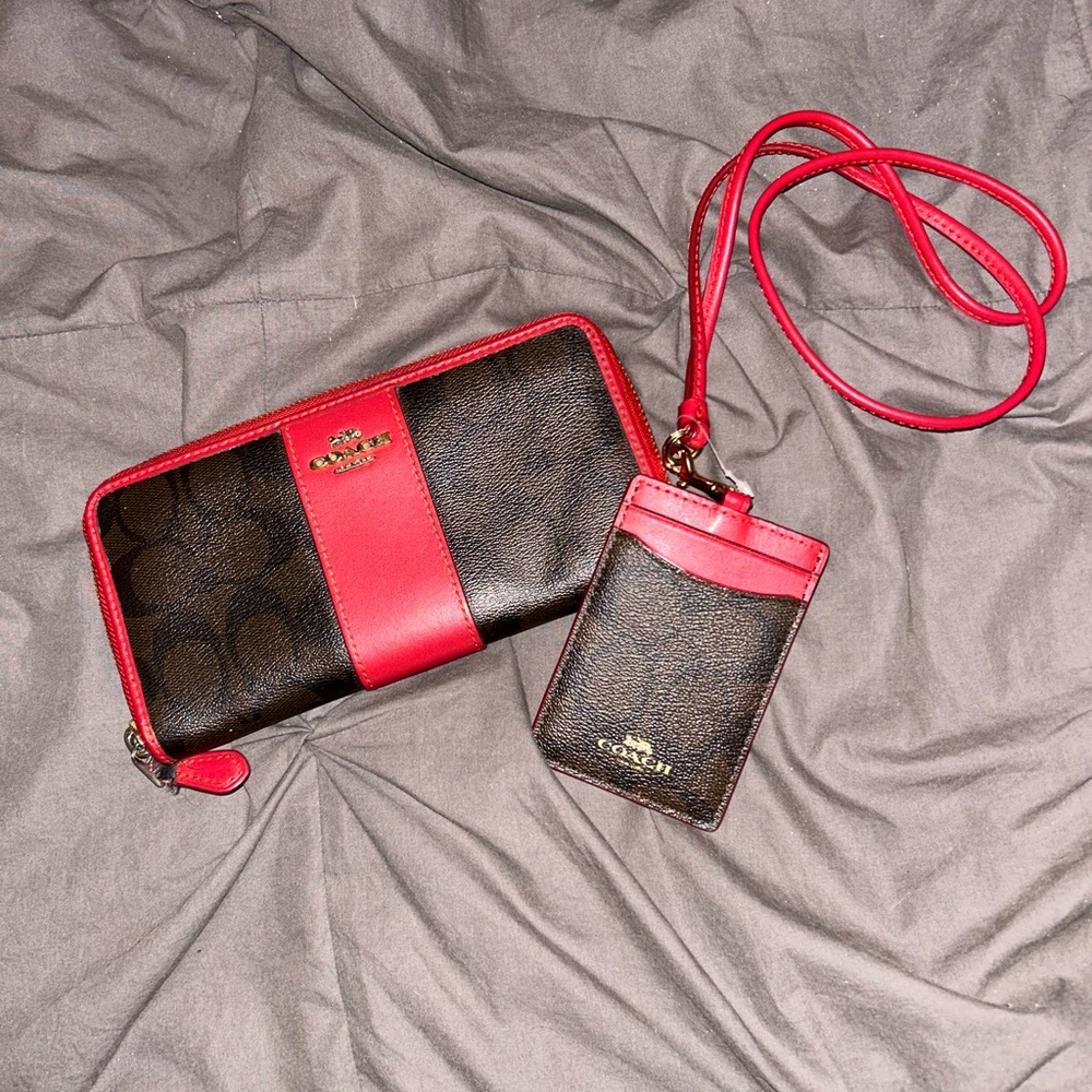 Coach Red and Brown Wallet and Card Holder Set